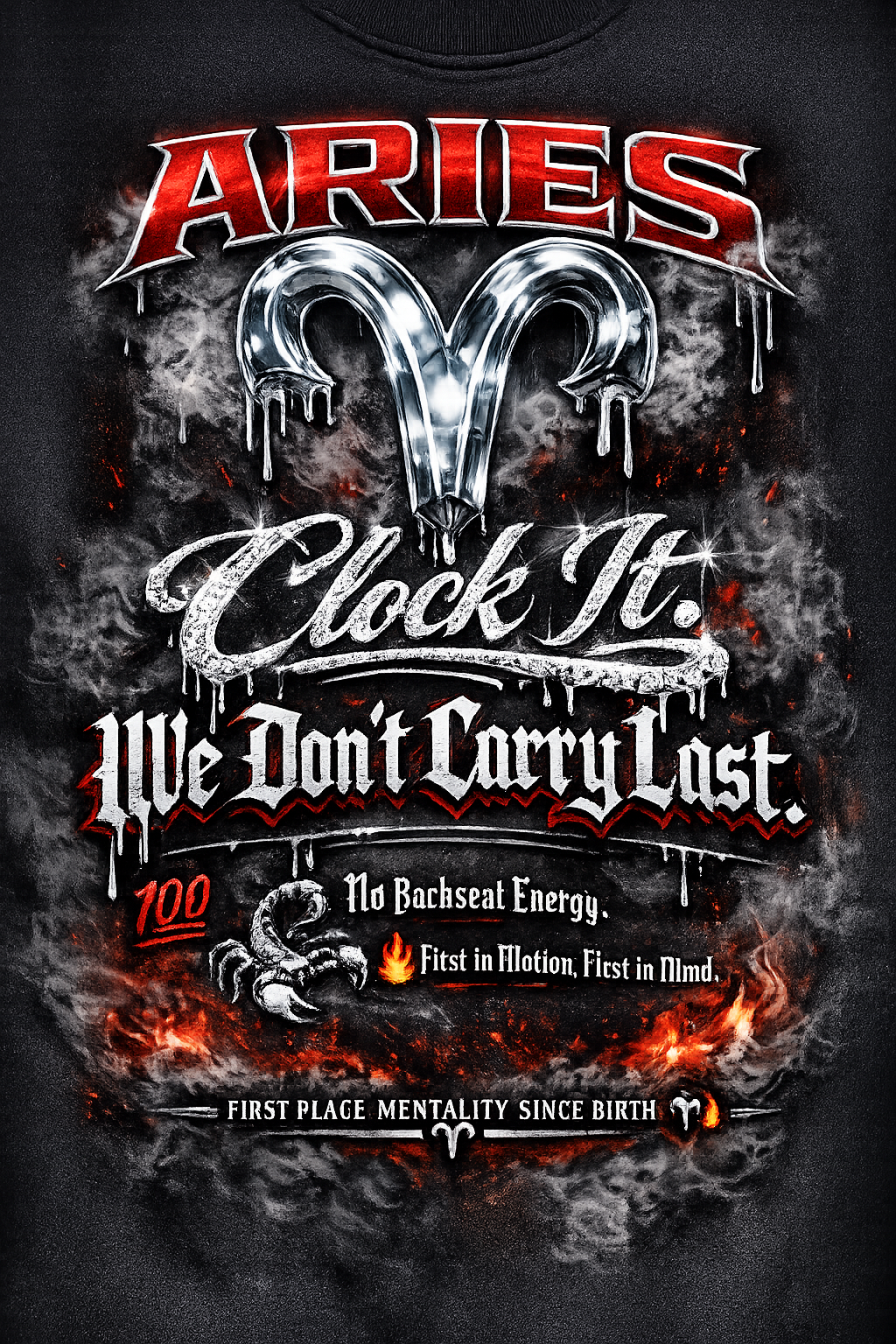 T-shirt design with Aries zodiac sign and text on a dark background