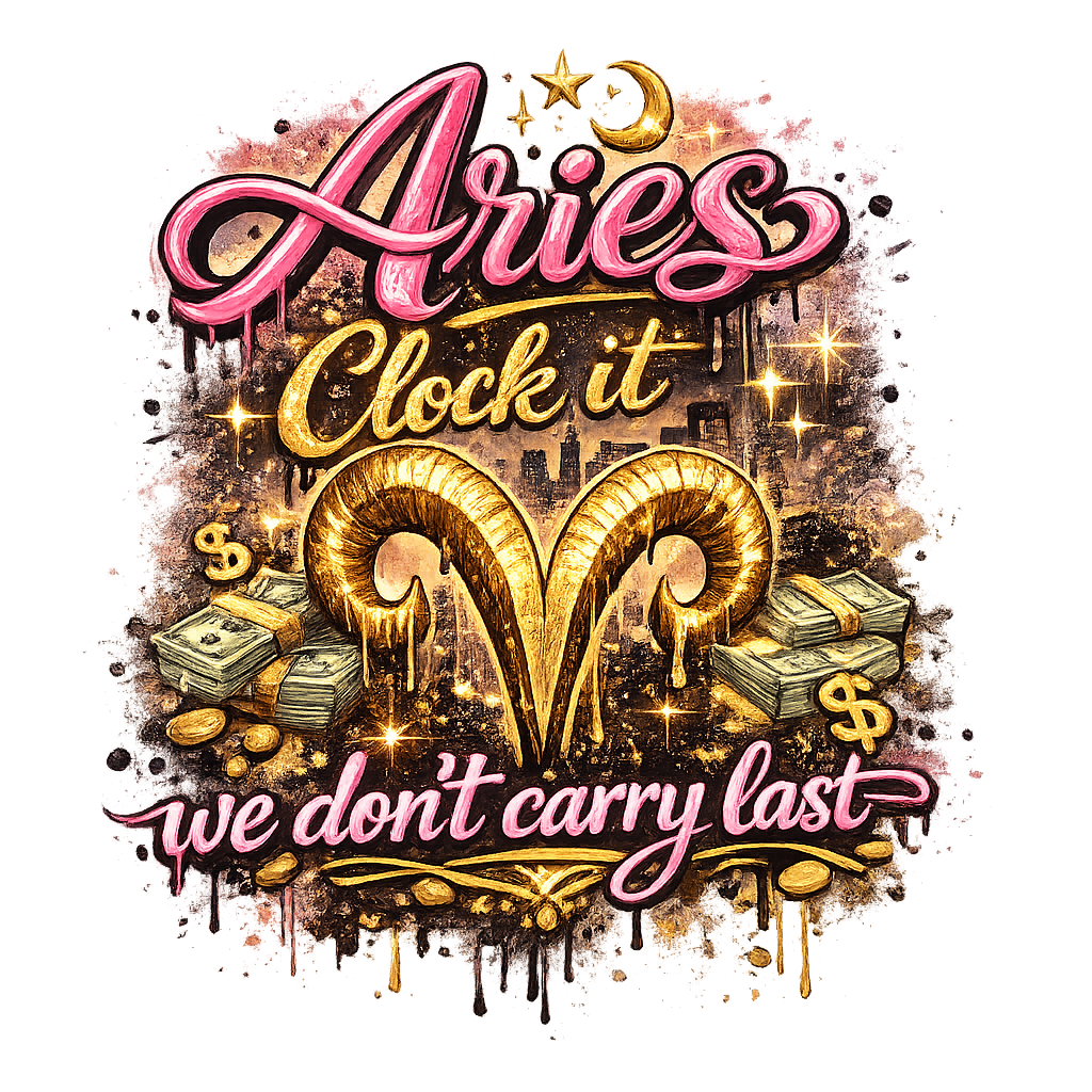 Aries zodiac sign with text 'Aries clock it we don't carry last' on a colorful background