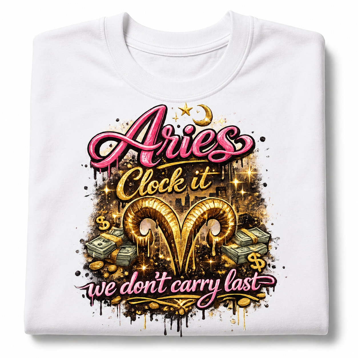 White t-shirt with Aries zodiac design and text on a white background