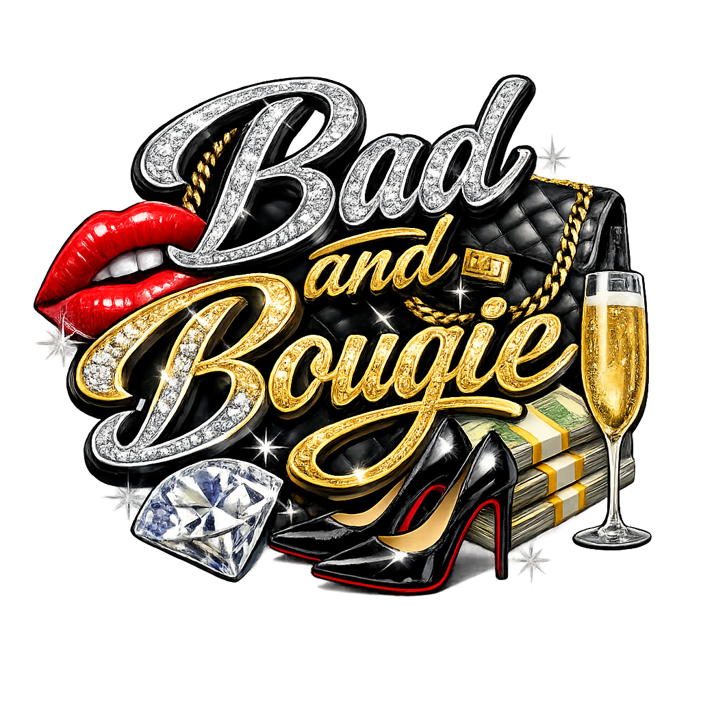 Illustration with 'Bad and Bougie' text, red lips, black high heels, diamond, money, and champagne glass on a white background.
