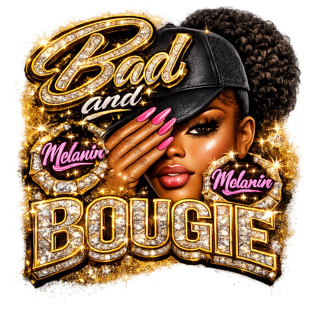 Woman wearing a cap with 'Bad and Bougie' text and 'Melanin' logo on a white background