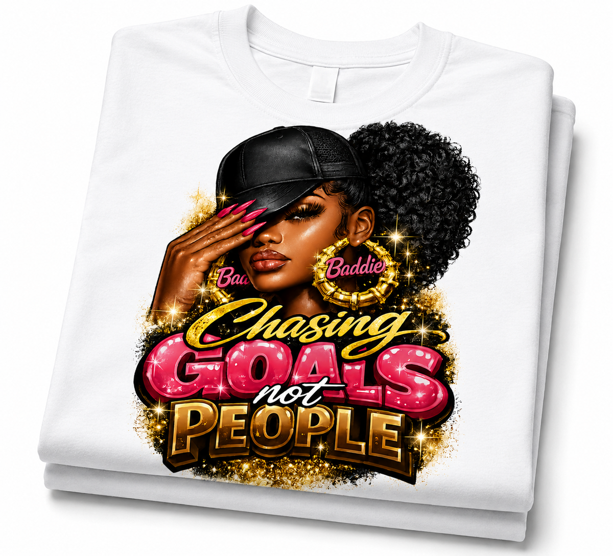 White t-shirt with a graphic design featuring a woman's face and text 'Chasing Goals not People' on a white background.