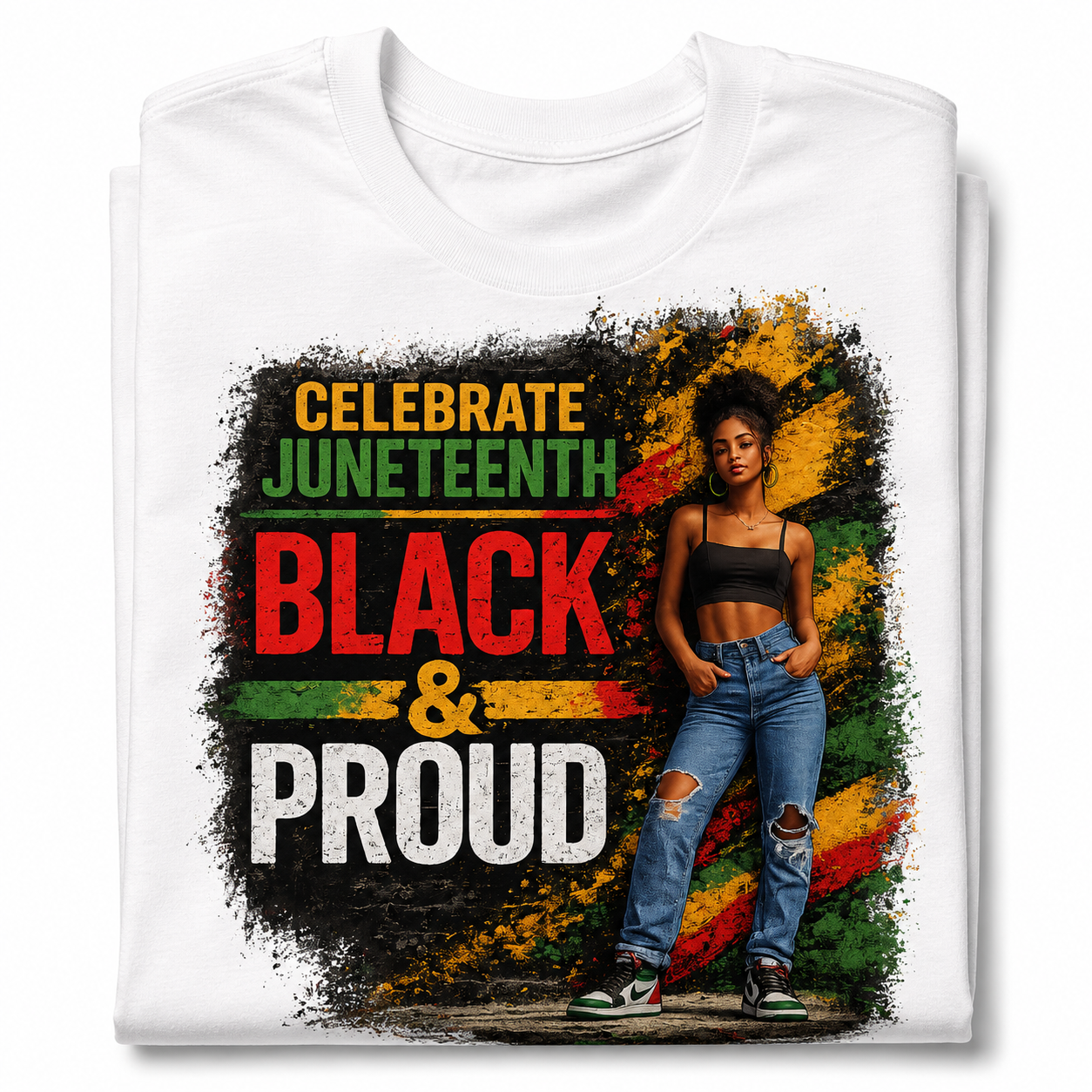 White t-shirt with 'Celebrate Juneteenth Black & Proud' design featuring a person.