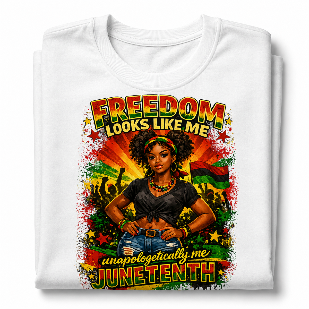 White t-shirt with Juneteenth-themed design featuring a woman and text.