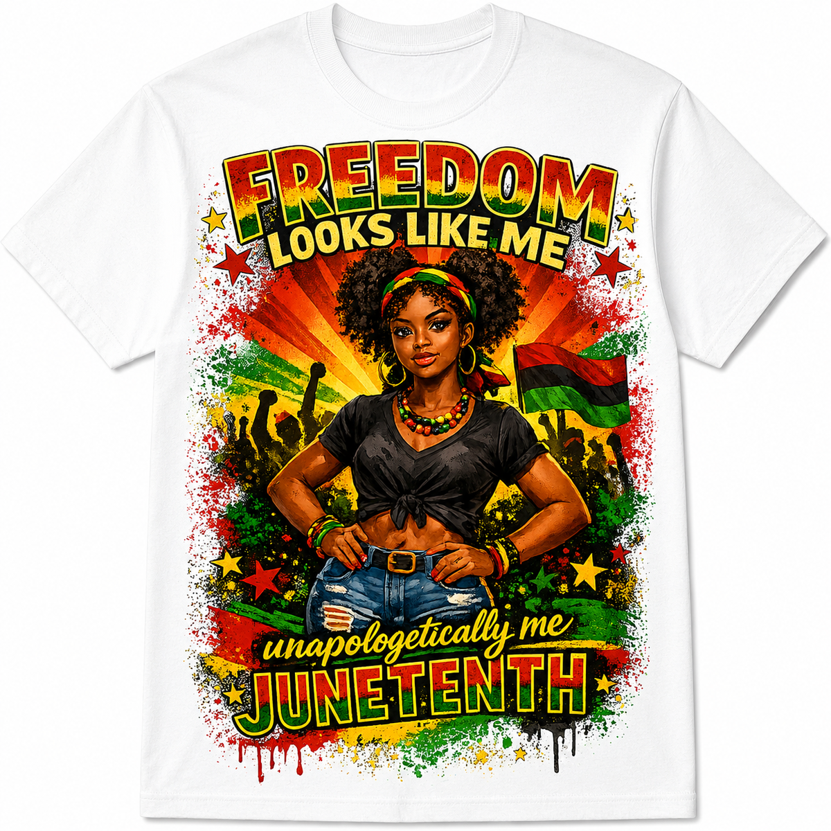 White t-shirt with a colorful graphic of a woman, text, and the Juneteenth flag.