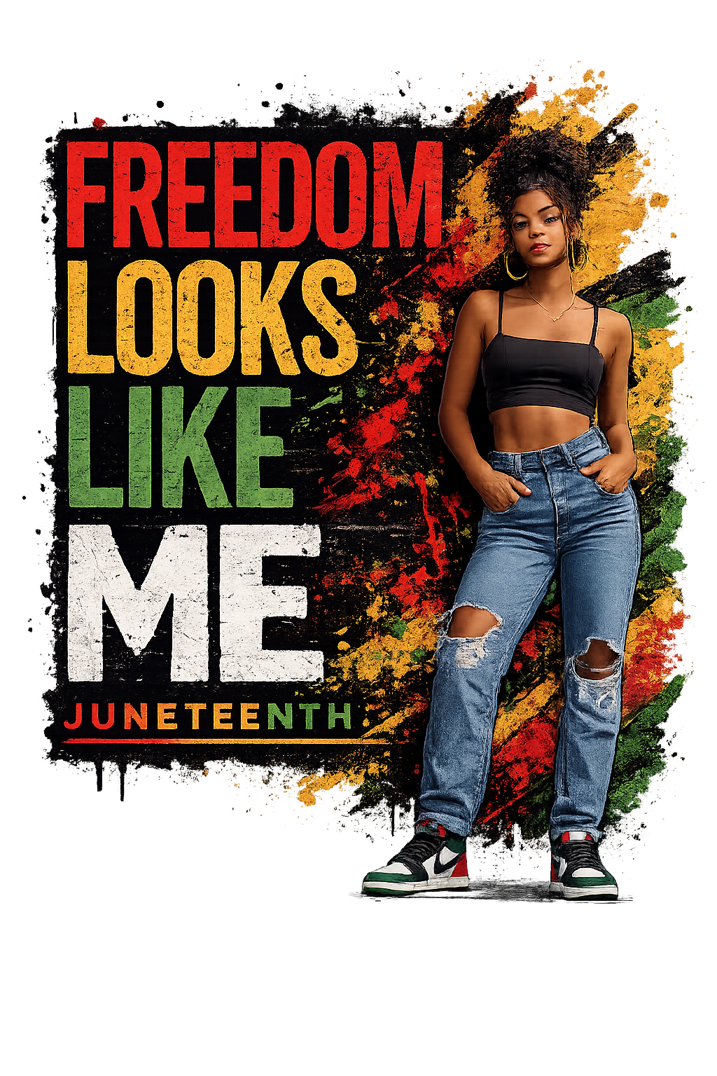 Person standing with 'Freedom Looks Like Me Juneteenth' text on a colorful background