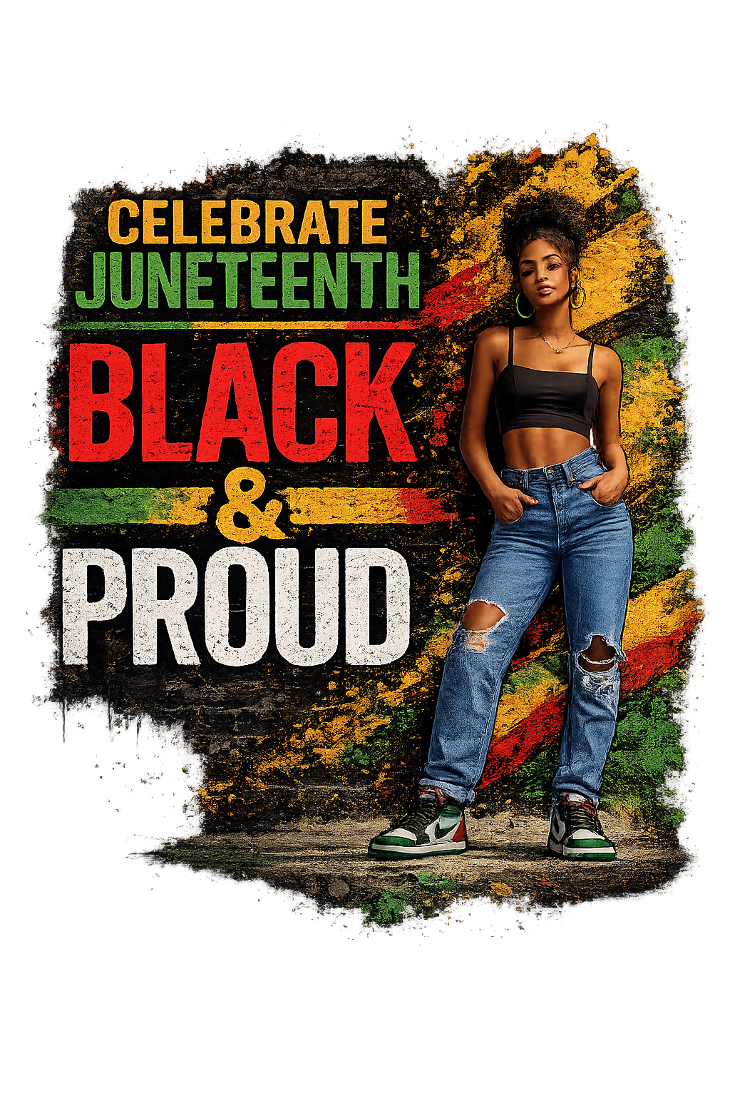 Woman standing with 'Celebrate Juneteenth Black & Proud' text and colors on a white background