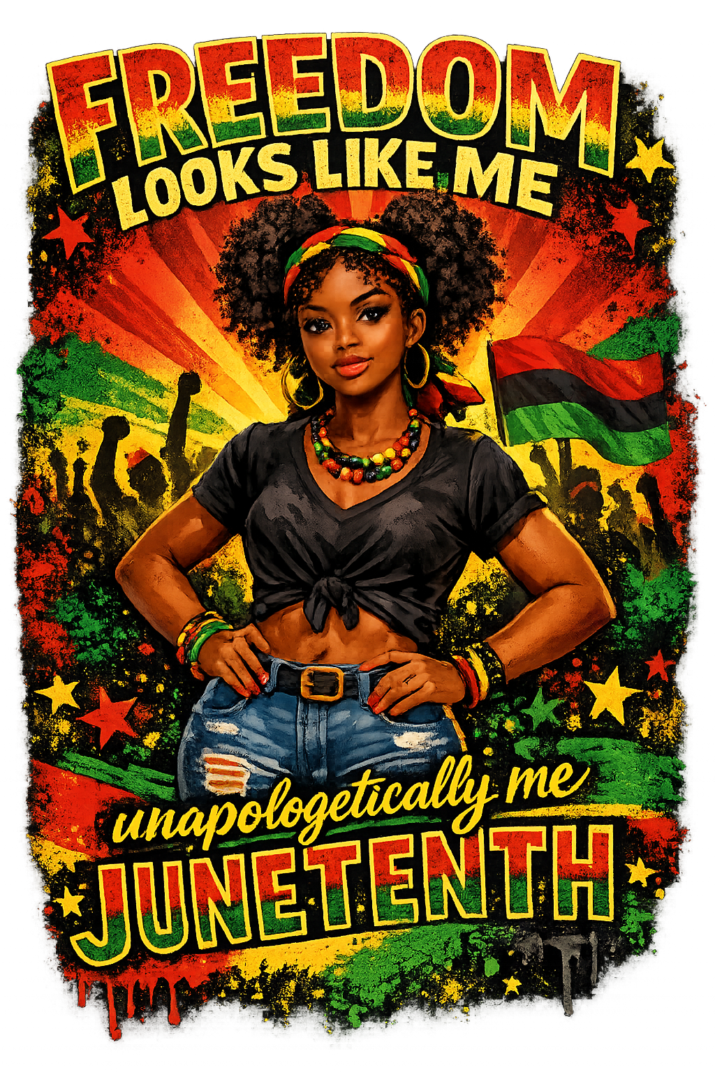 Illustration of a woman with text celebrating Juneteenth and freedom.