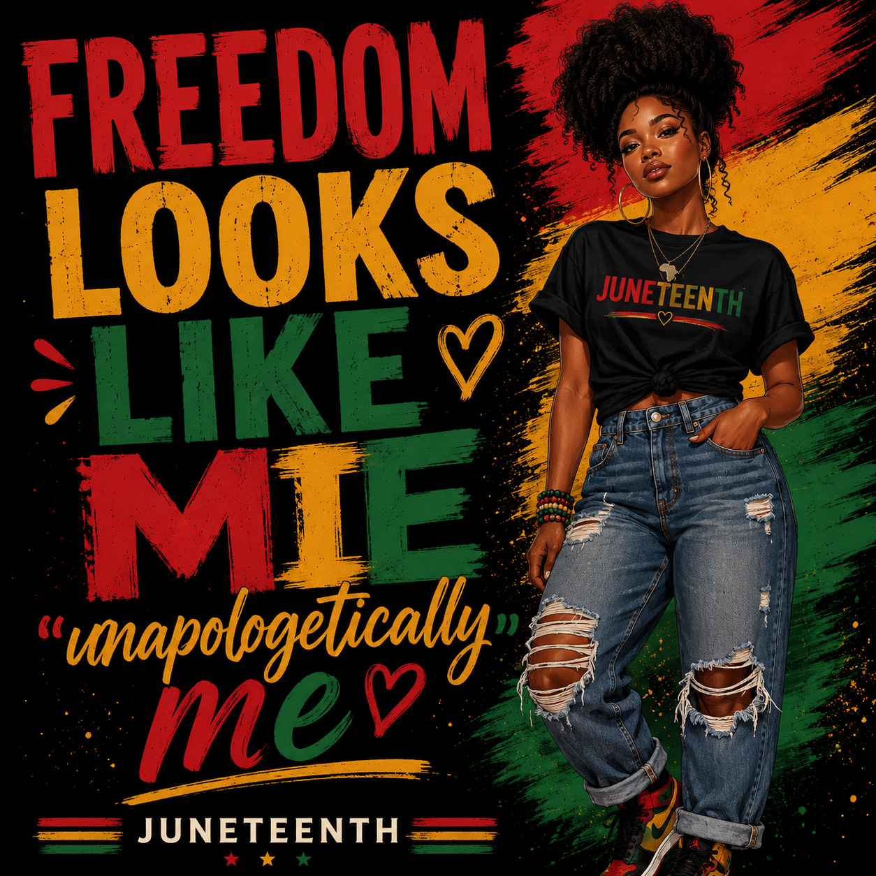 Person wearing a Juneteenth t-shirt with colorful text and Juneteenth flag background
