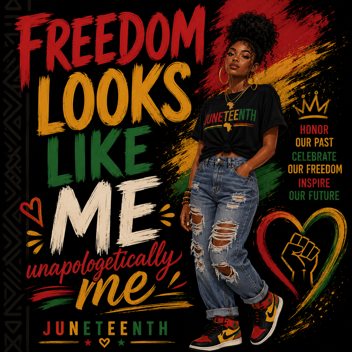 Person wearing a Juneteenth t-shirt with colorful text and graphics on a black background