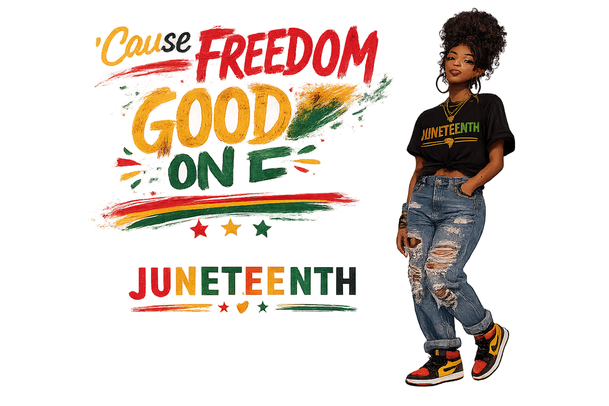 Person wearing a Juneteenth t-shirt with colorful text and graphics on a white background