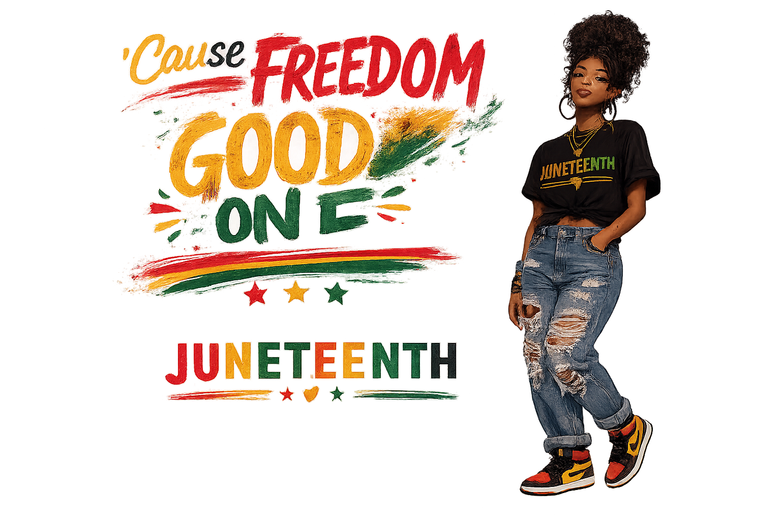 Person wearing a Juneteenth t-shirt with colorful text and graphics on a white background
