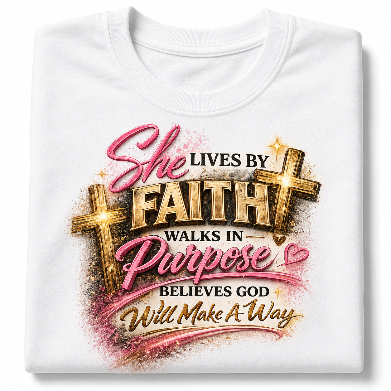 White t-shirt with motivational quote and cross designs on a white background