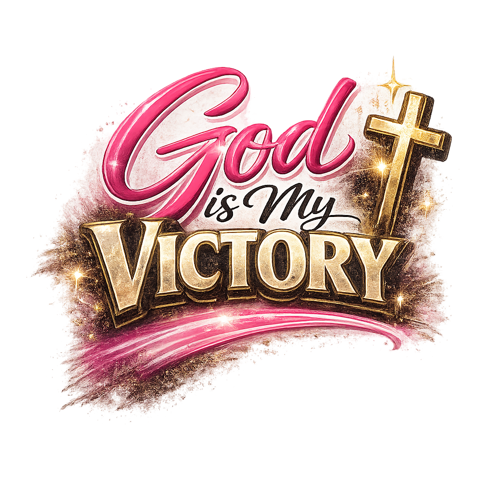 Decorative design with 'God is My Victory' text and a cross on a white background