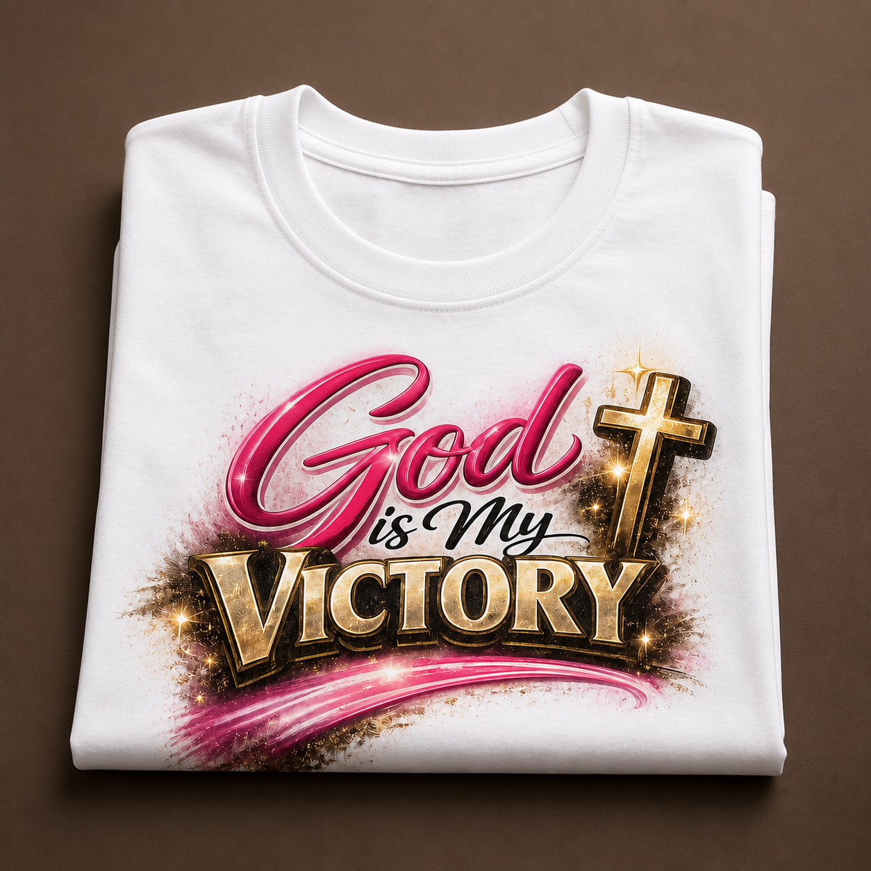 White t-shirt with 'God is My Victory' text and cross design on a brown background