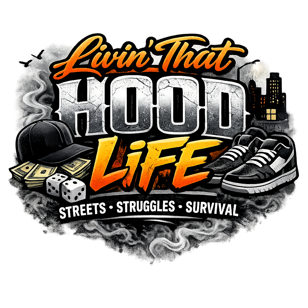 Graphic design of 'Livin' That Hood Life' with urban elements like sneakers, dice, and a cityscape.