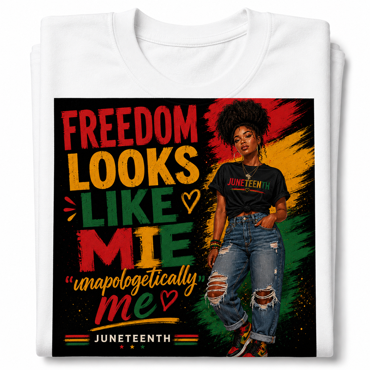 White t-shirt with Juneteenth graphic featuring a person and colorful text.