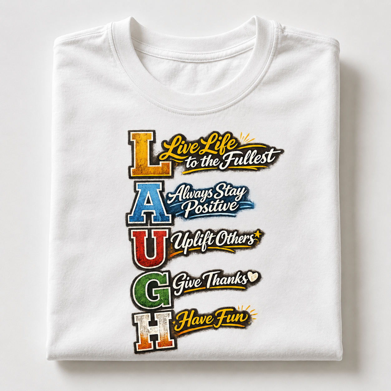 White t-shirt with motivational text design on a white background