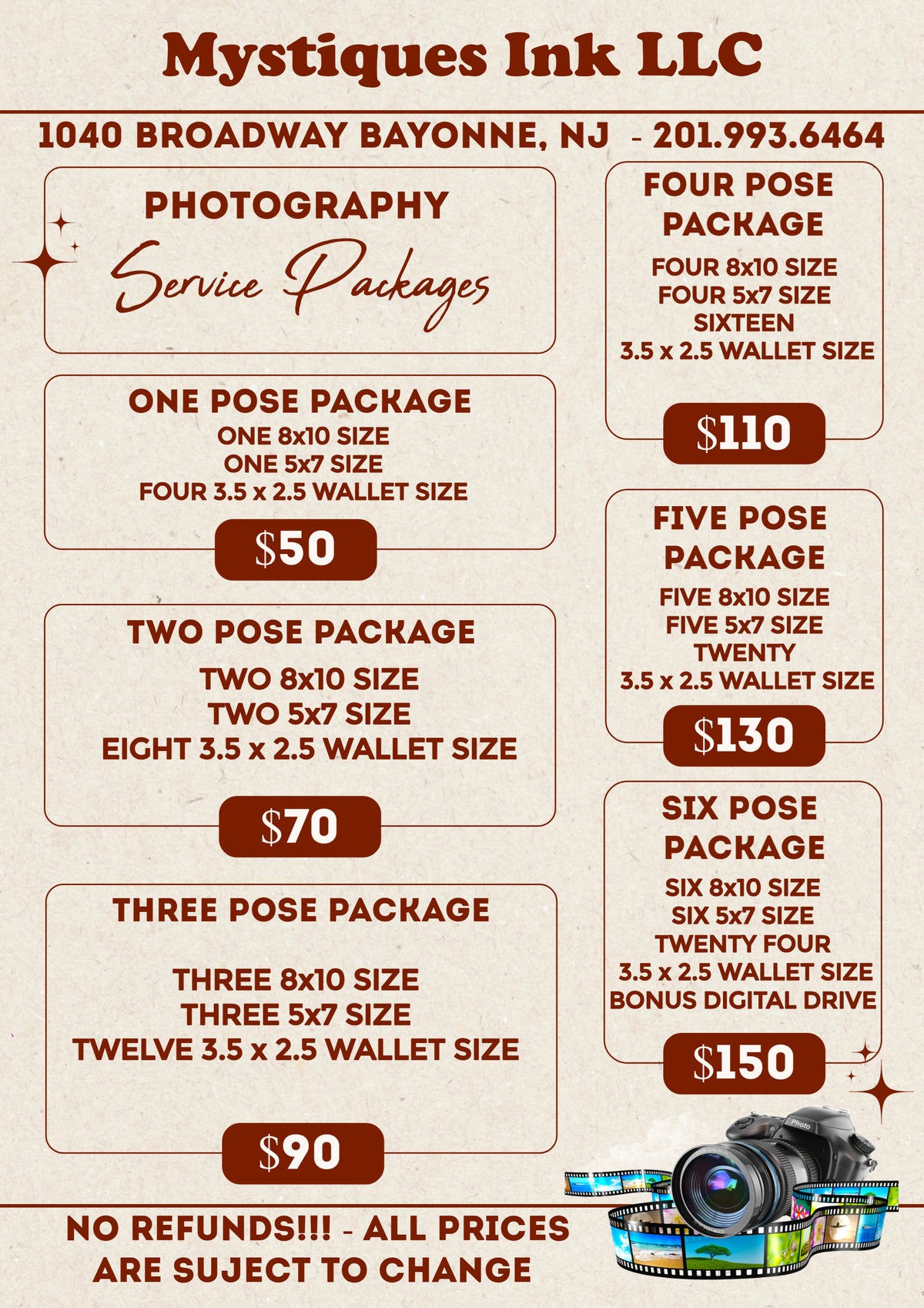 Mystiques Ink LLC photography service package pricing chart with contact information.