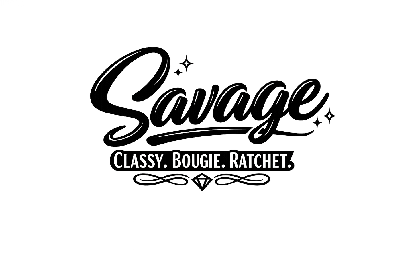 Black 'Savage' text with descriptors on a white background