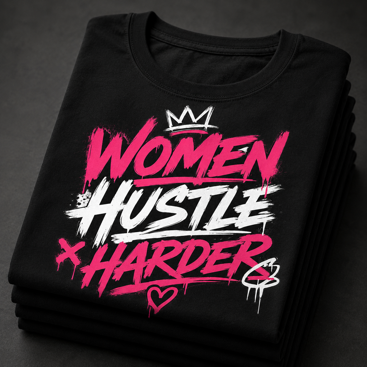 Black t-shirt with pink and white text 'Women Hustle Harder' on a dark background