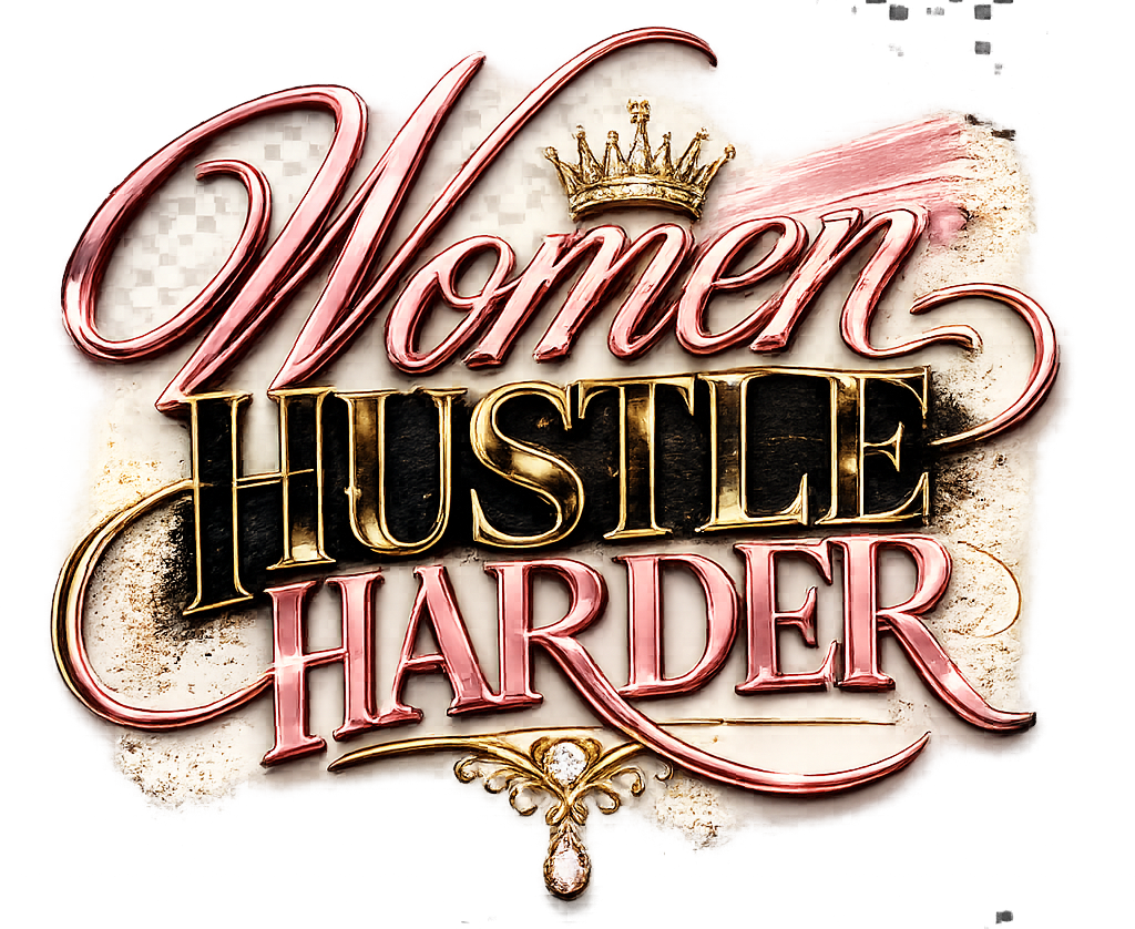 Motivational quote 'Women Hustle Harder' with decorative elements on a textured background