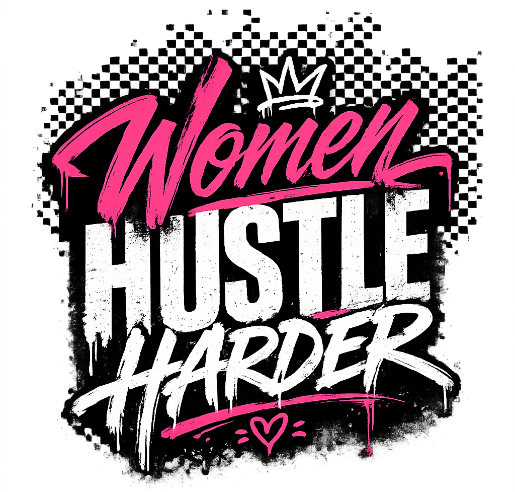 Motivational graphic with 'Women Hustle Harder' text in pink and white on a black and white checkered background.