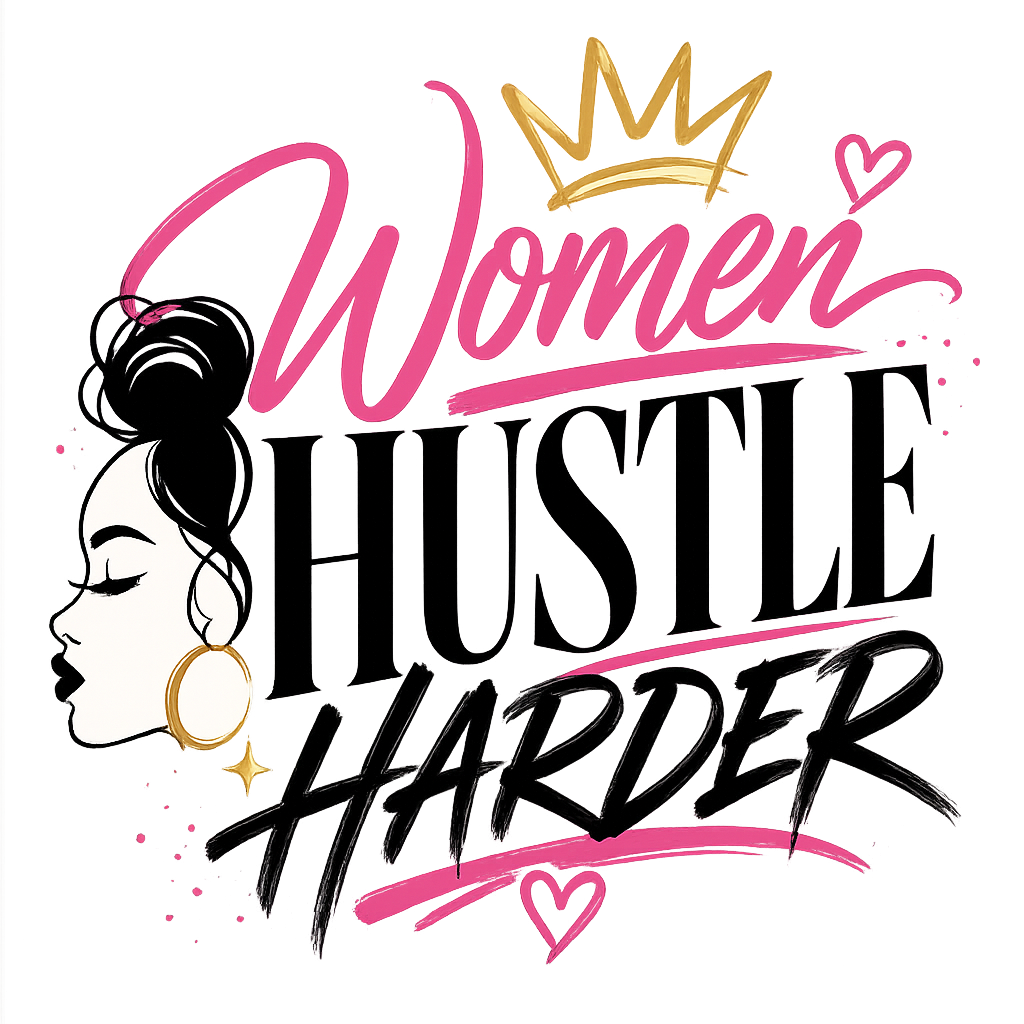 Motivational graphic with 'Women Hustle Harder' text and a stylized woman's face on a white background.