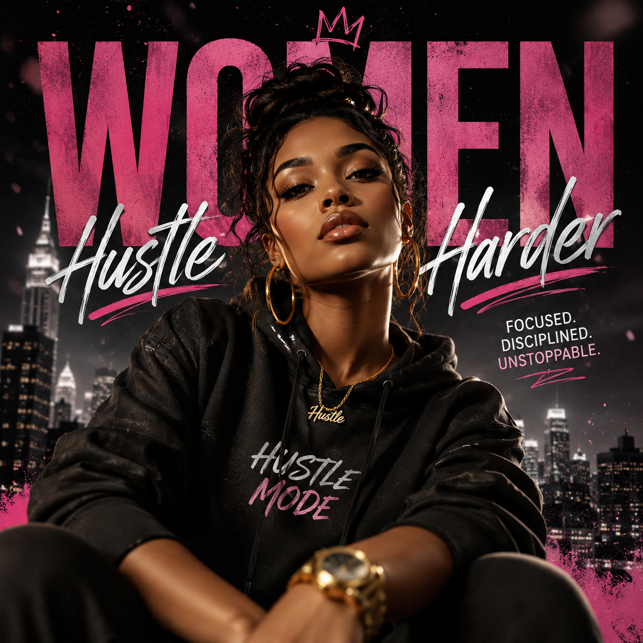 Woman wearing a black hoodie with 'Hustle Mode' text, set against a cityscape background with 'Women Hustle Harder' text.