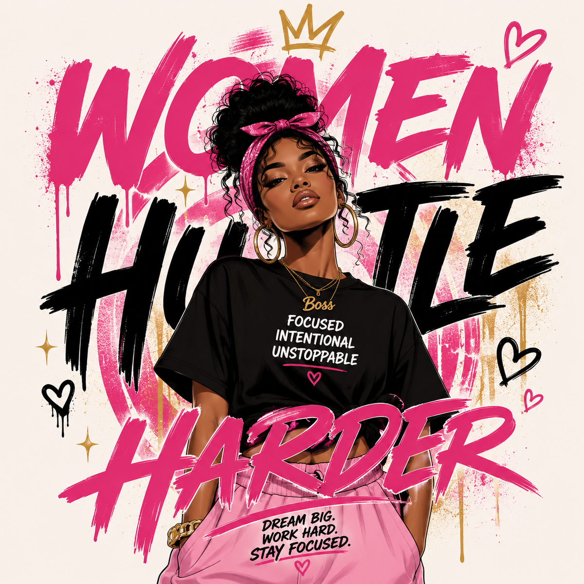 Woman wearing a black t-shirt with motivational text, surrounded by colorful text and graphics on a white background.