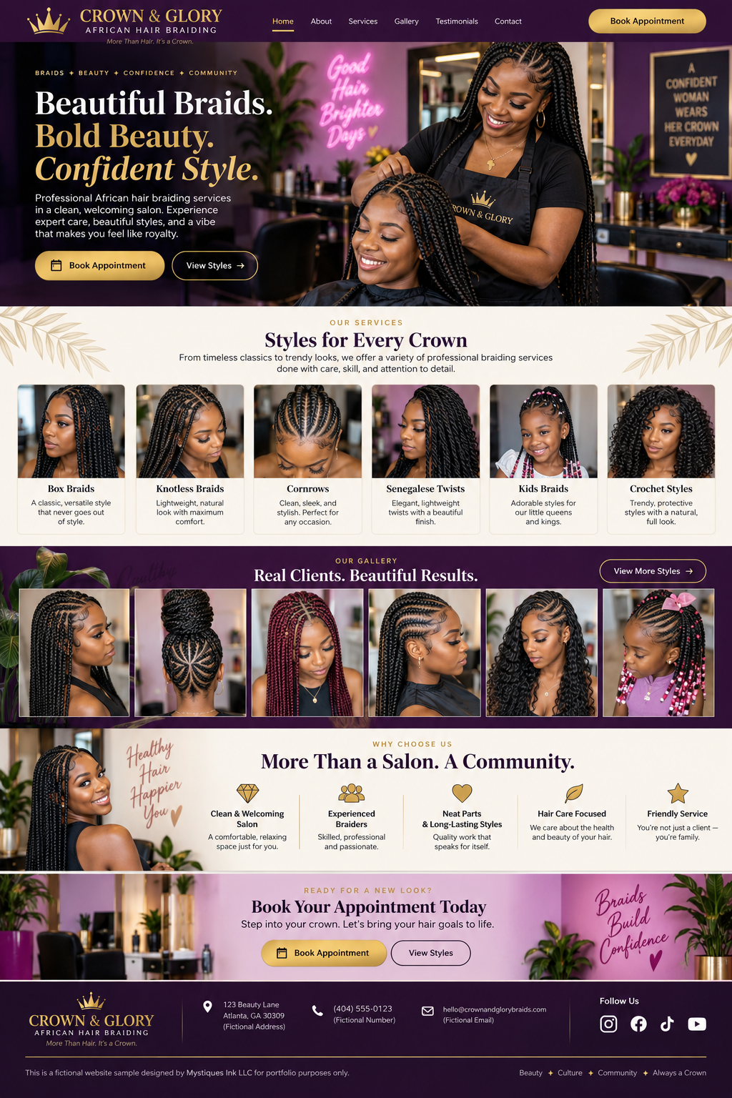 Crown and Glory African Hair Braiding five page website sample by Mystiques Ink LLC