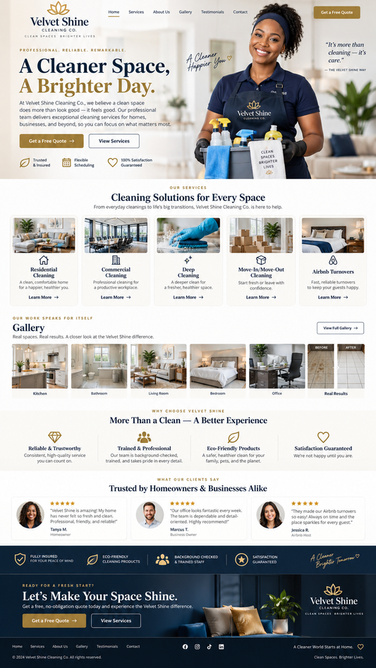 Velvet Shine Cleaning Co. sample website by Mystiques Ink LLC